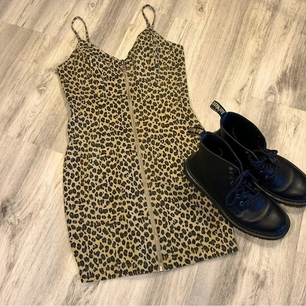 Iris Leopard Print Cotton Zipper Detail Front Strappy Mini Bodycon Dress / Sz M